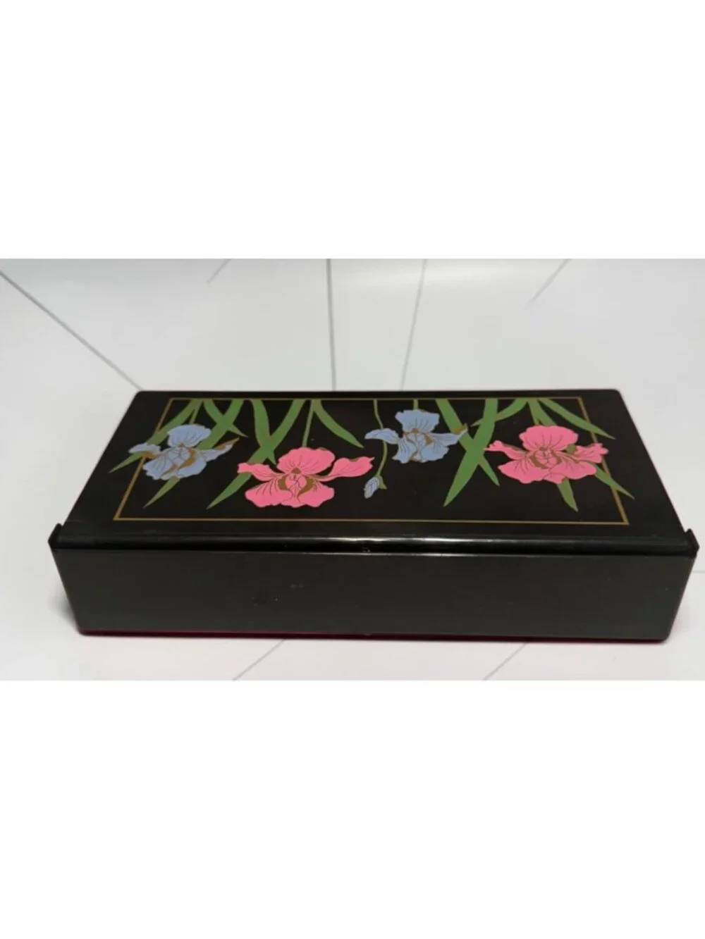 Vintage Black Faux Lacquer/Plastic Tri-Folding Mirror Jewelry or Trinket Box